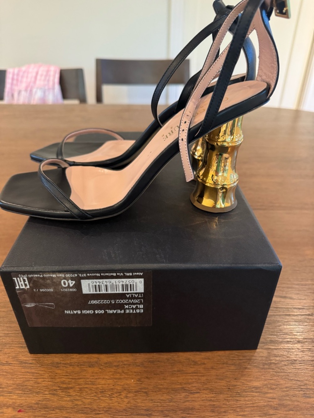 Vero Cuoio Black Leather Sandals with Gold Sculpted Column Heels